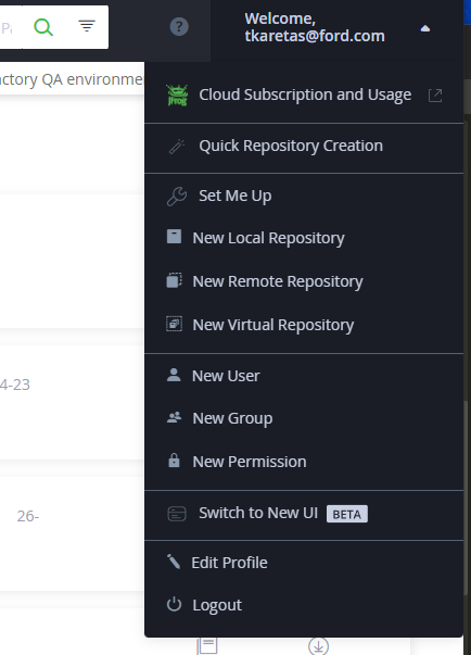 JFrog User Menu